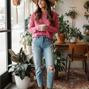 American Eagle Crop Knit Sweater Pink Boat Neck Chunky Cotton Top Size Small